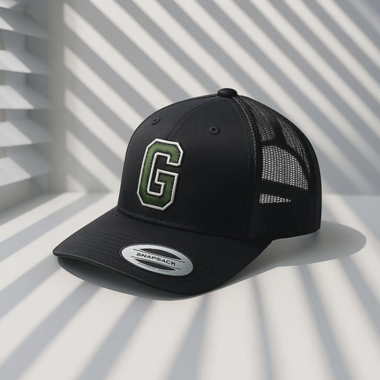 Black Trucker Hat with Green 'G' Logo - Mesh Back Snapback