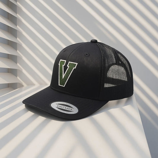 Black Trucker Hat with Green 'V' Logo - Mesh Back Snapback