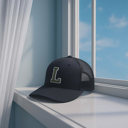 Black Trucker Hat with Green 'L' Logo - Mesh Back Snapback