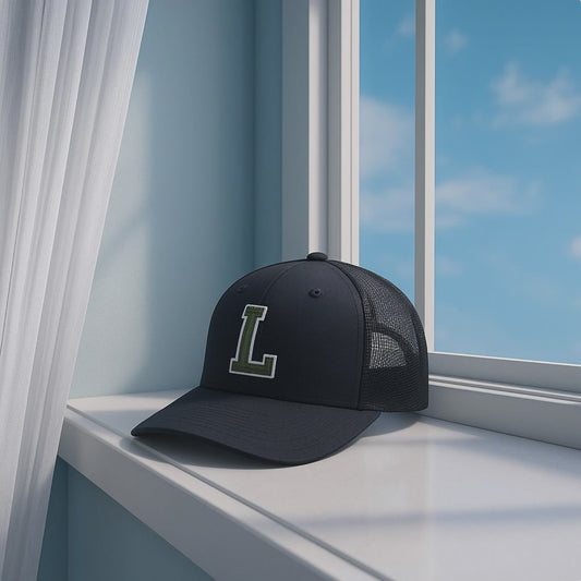 Black Trucker Hat with Green 'L' Logo - Mesh Back Snapback