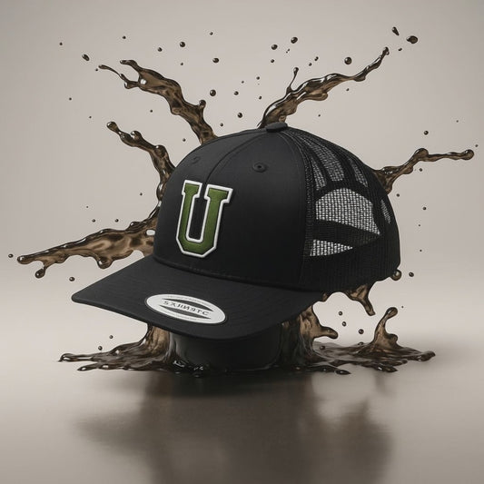 Black Trucker Hat with Green 'U' Logo - Mesh Back Snapback