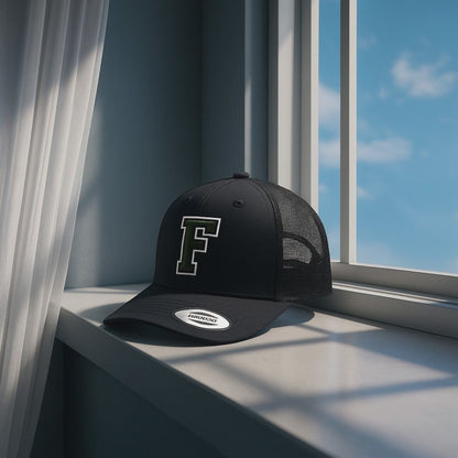 Black Trucker Hat with Green 'F' Logo - Mesh Back Snapback