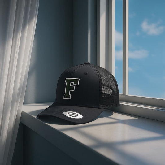 Black Trucker Hat with Green 'F' Logo - Mesh Back Snapback