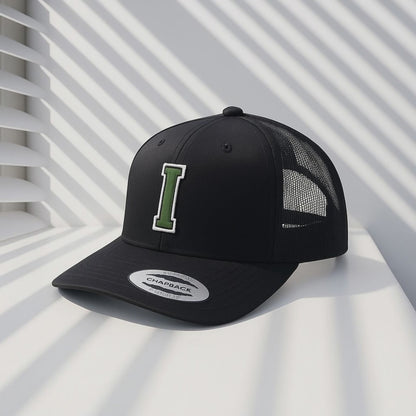Black Trucker Hat with Green 'I' Logo - Mesh Back Snapback