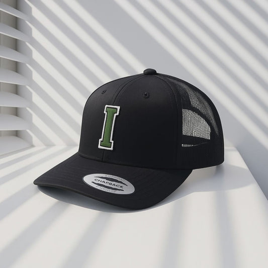 Black Trucker Hat with Green 'I' Logo - Mesh Back Snapback