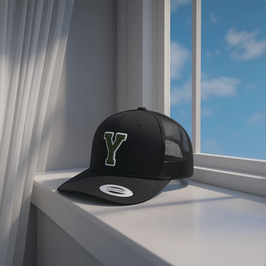 Black Trucker Hat with Green 'Y' Logo - Mesh Back Snapback