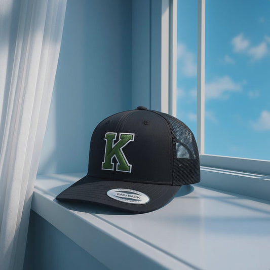 Black Trucker Hat with Green 'K' Logo - Mesh Back Snapback