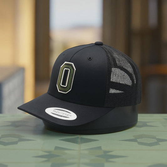 Black Baseball Cap with White 'O' Logo - Embroidered Letter Hat