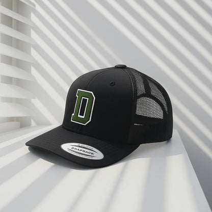 Black Trucker Hat with Green 'D' Logo - Mesh Back Snapback