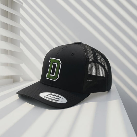 Black Trucker Hat with Green 'D' Logo - Mesh Back Snapback