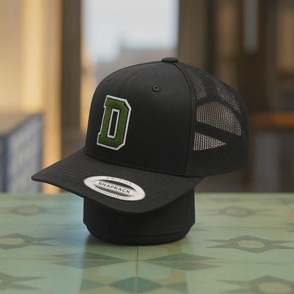 Black Trucker Hat with Green 'E' Logo - Mesh Back Snapback