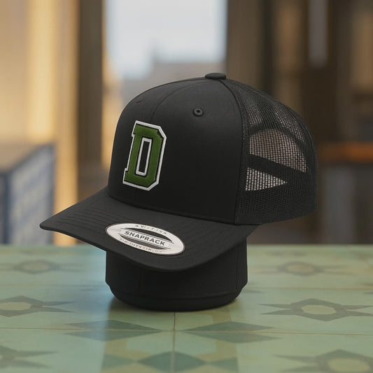 Black Trucker Hat with Green 'E' Logo - Mesh Back Snapback