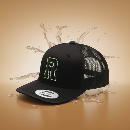 Black Baseball Cap with White 'R' Logo - Embroidered Letter Hat