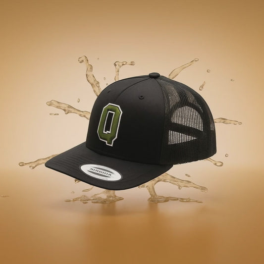 Black Baseball Cap with White 'Q' Logo - Embroidered Letter Hat
