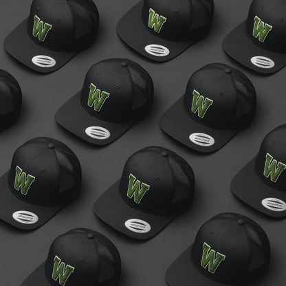 Black Trucker Hat with Green 'W' Logo - Mesh Back Snapback