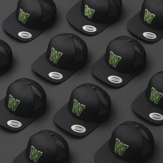 Black Trucker Hat with Green 'W' Logo - Mesh Back Snapback
