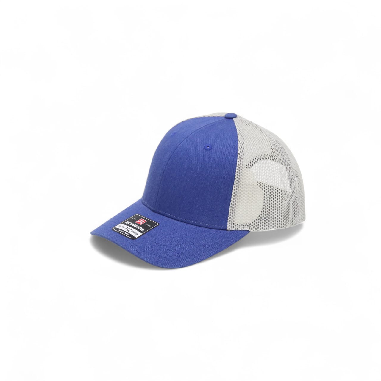 Blue and white cap with mesh back on a white background