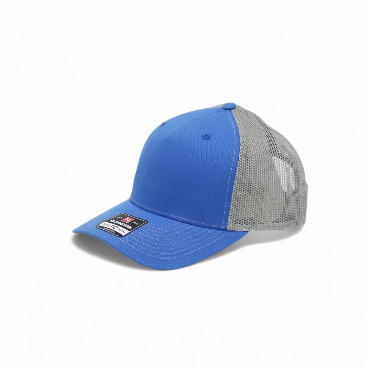 Blue and gray cap with mesh back on a white background