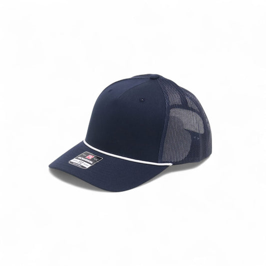 Navy blue cap with white accents on a white background