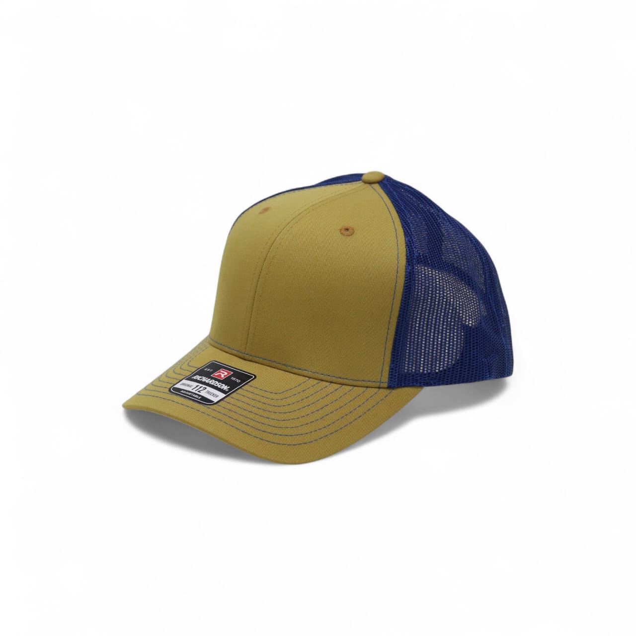 Yellow and blue cap with a mesh back on a white background