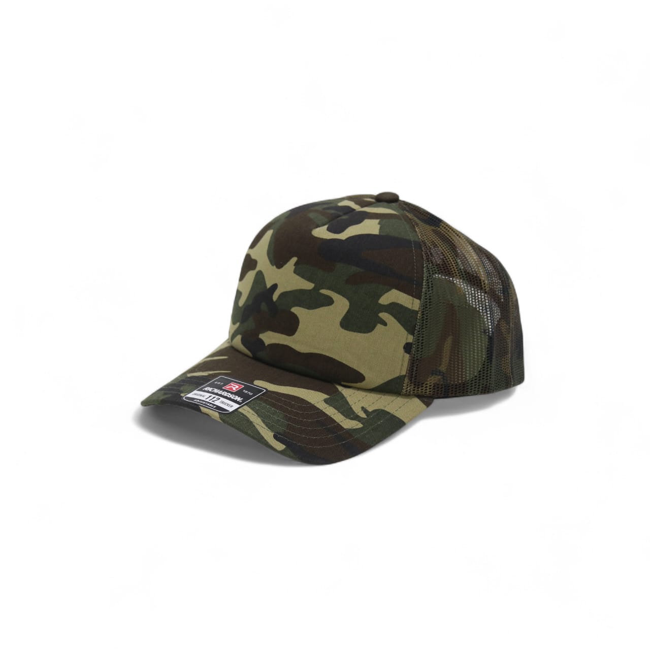 Camouflage baseball cap with mesh back on a white background
