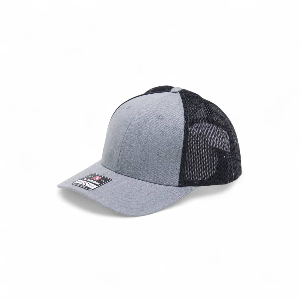 Gray and black cap with mesh back on a white background