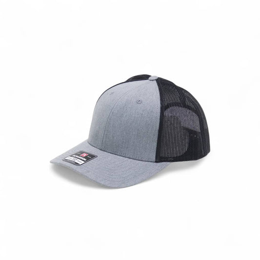 Gray and black cap with mesh back on a white background
