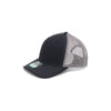 Black and gray cap with mesh back on a white background