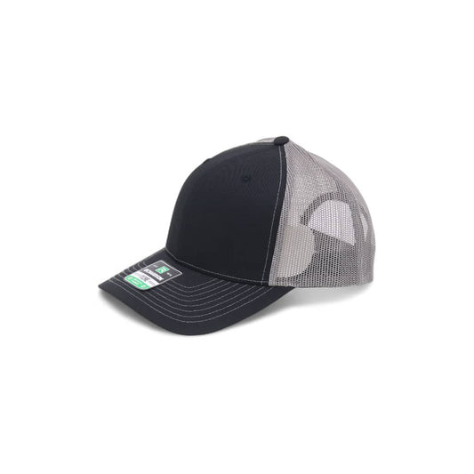 Black and gray cap with mesh back on a white background