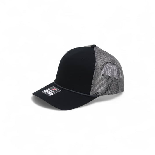 Black and gray cap with mesh back on a white background