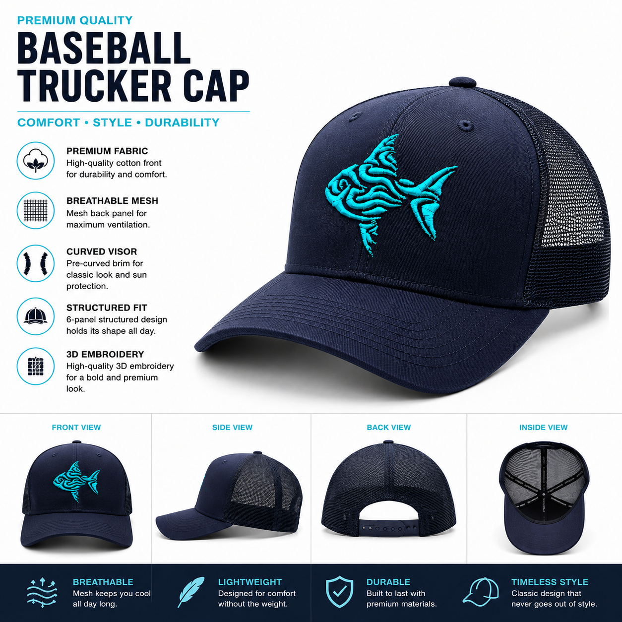 Premium Black Trucker Cap with Neon Blue 3D Embroidered Fish Logo | Baseball Mesh Cap