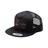 Black trucker cap with a red and white logo on a white background