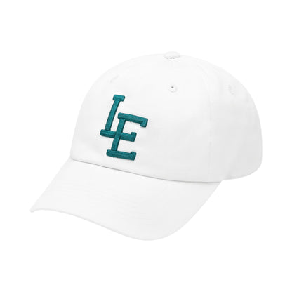 White cap with teal logo on a white background